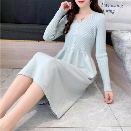 Đầm nữ, đầm len nữ dài tay phối cúc xinh xắn Al77