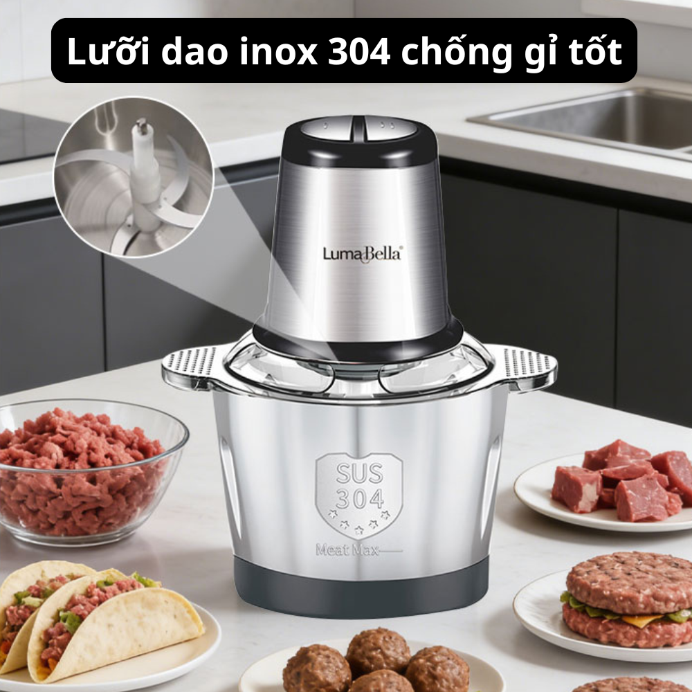 Máy xay thịt cối INOX304 Lumabella LB-56002 dung tích lớn 3L, công suất cao 800W, 4 lưỡi đa năng xay nhuyễn thịt cá nhanh chóng - DELIYA - HÀNG CHÍNH HÃNG
