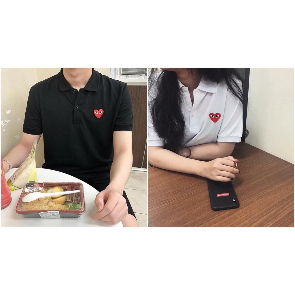 Áo Thun Polo Nam Nữ Thêu Tim Tay Lỡ Unisex