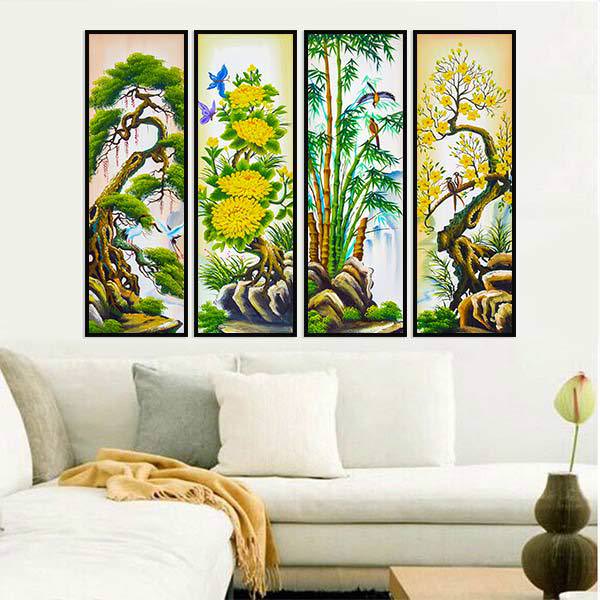 Bộ 4 Tranh Canvas Không Viền Treo Tường Tứ Quý: Tùng - Cúc - Trúc - Mai W288