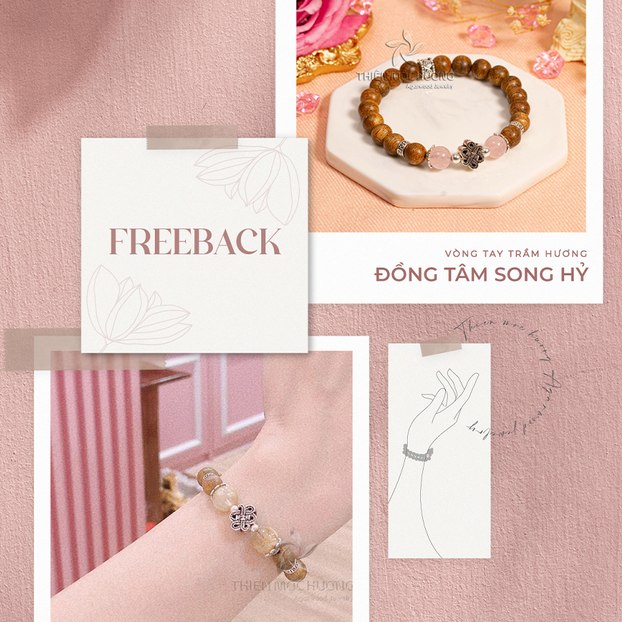 Vòng tay trầm hương tự nhiên Đồng Tâm Song Hỷ - Charm bạc 925 và đá Phong Thủy - An lành, hạnh phúc - Trầm Tốc Việt Nam - Thiên Mộc Hương