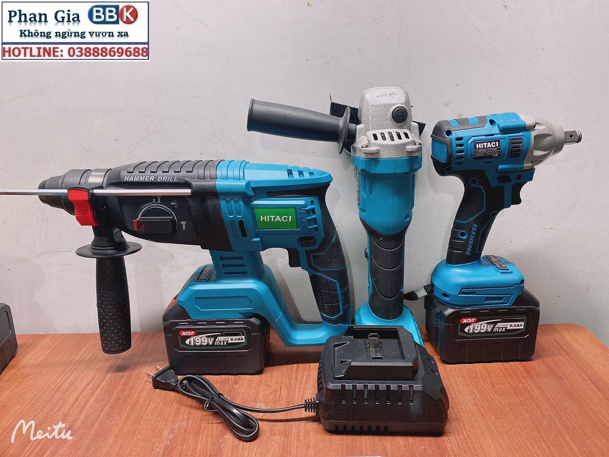 Bộ Combo 3 Trong 1 Gồm Máy Khoan Đục Bê Tông, Máy Mài Và Máy Siết Bulong Dùng Pin 199V 15 Cell, Lõi Đồng 100%, Động Cơ Không Chổi Than - Bảo Hành 1 Năm