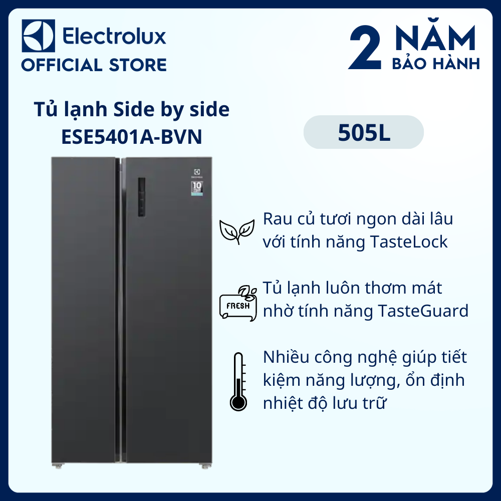 [Freeship] Tủ lạnh Electrolux Inverter UltimateTaste 700 side by side 505 lít - ESE5401A-BVN - Bảo quản lạnh tối ưu, khử mùi, làm đông, làm lạnh nhanh, chuông báo cửa, tiết kiệm năng lượng [Hàng chính hãng]