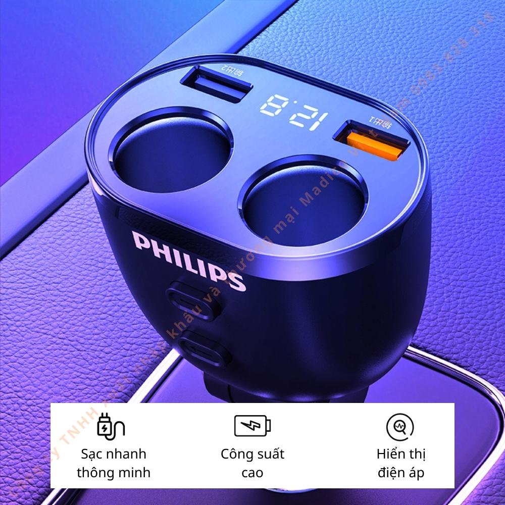 Bộ chia tẩu sạc Philips trên ô tô tích hợp 2 cổng kết nối USB có sạc nhanh DLP4007 - Hàng nhập khẩu