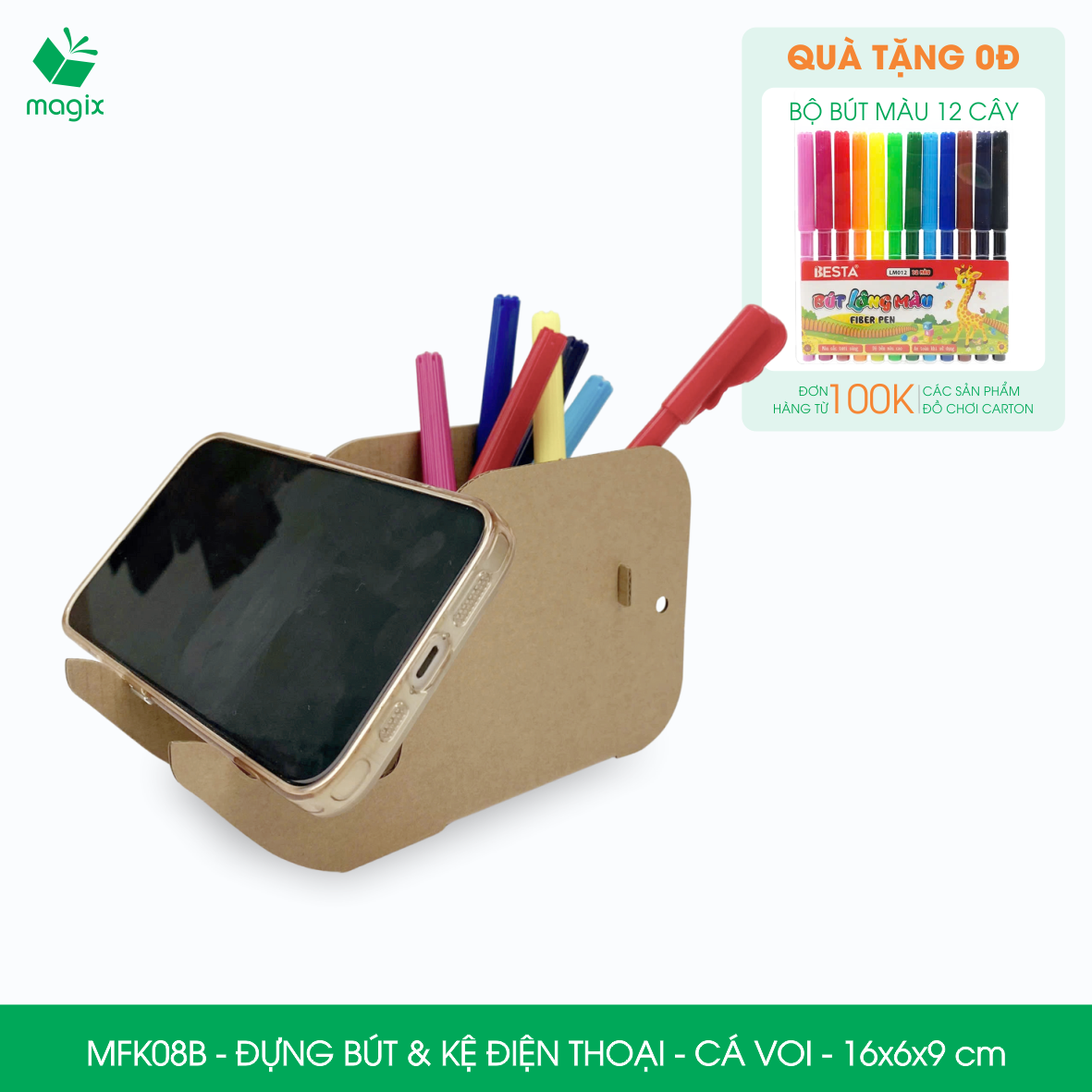 MFK08B - Đựng bút &amp; kệ điện thoại bằng giấy carton - Hộp bút kiểu dáng Cá voi - 16x6x9 cm
