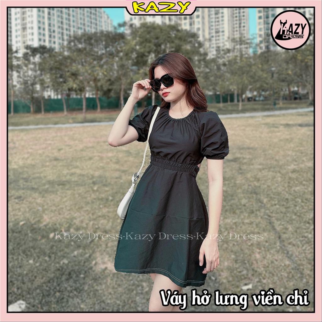 Váy sơ mi hở lưng viền chỉ nơ buộc lưng KAZY SRORE V007