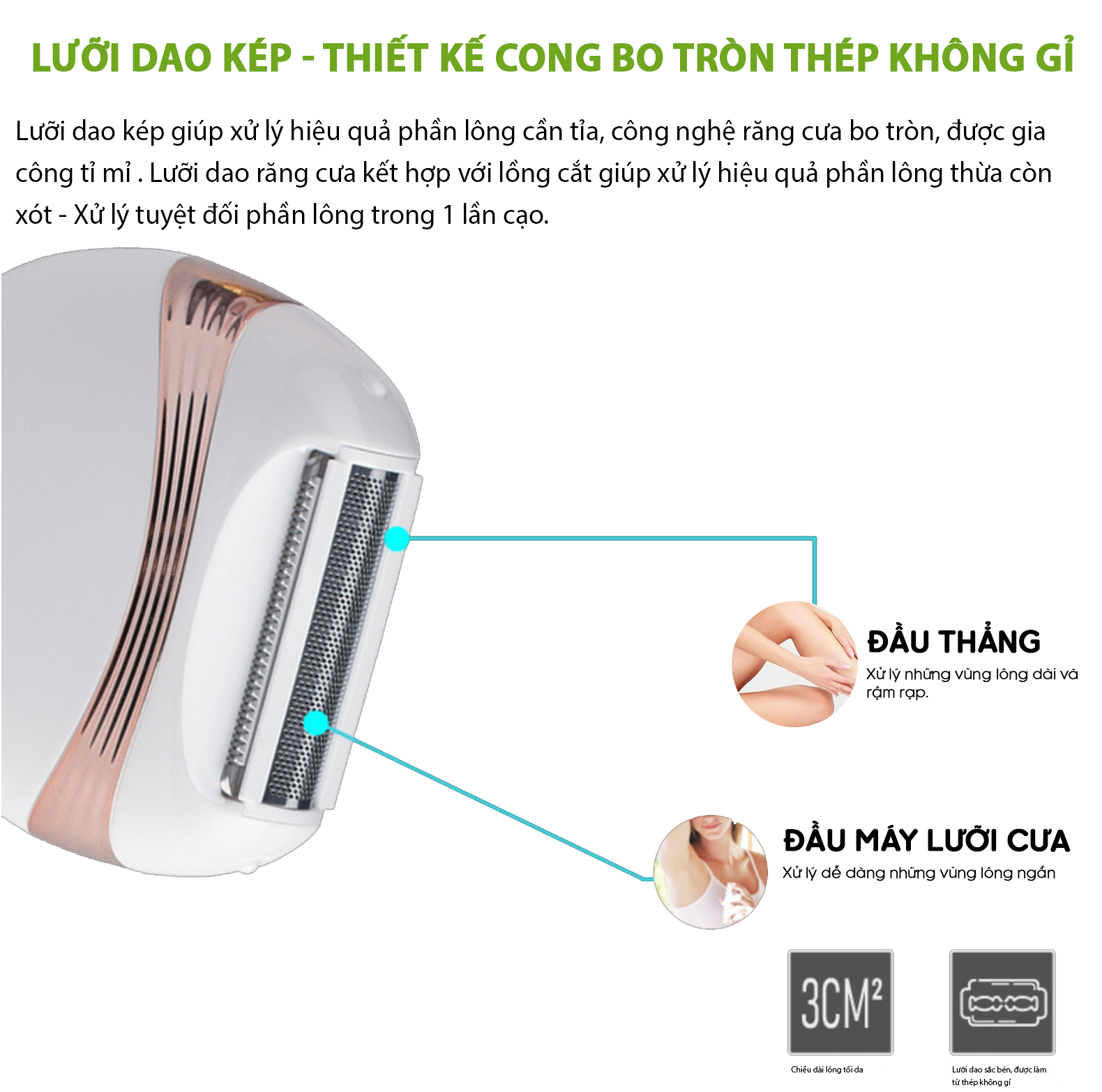 Máy Cạo Lông Đa Năng Thiết Kế 2 Lưỡi Dao Cao Cấp Tỉa Lông Vùng Kín, Lông Tay, Lông Nách, Lông Chân An Toàn