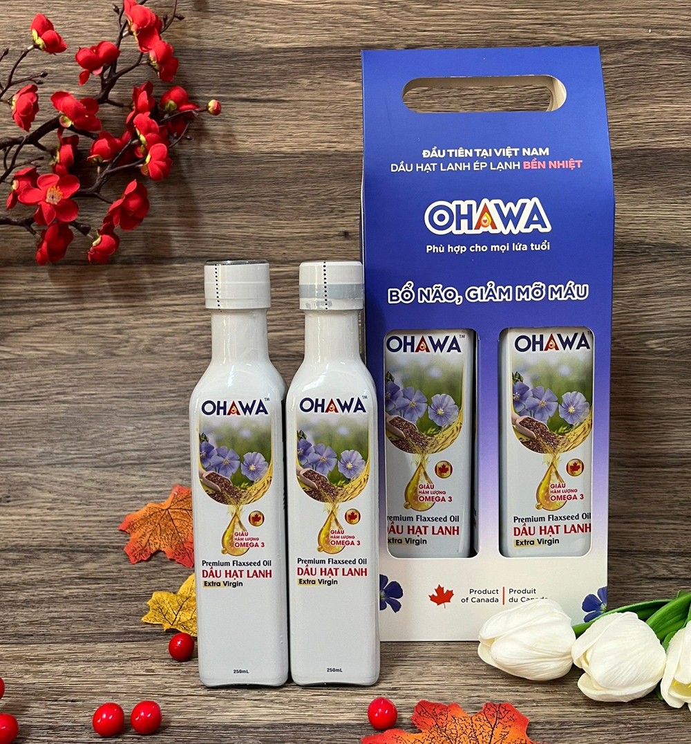 (Set 2 chai) - Dầu hạt lanh ép lạnh bền nhiệt OHAWA - Nhập khẩu Canada - Giàu Omega 3 - Hữu cơ - Lành mạnh - Phù hợp Eat Clean, Trộn salad - Cho bé ăn dặm - Chai 500ml