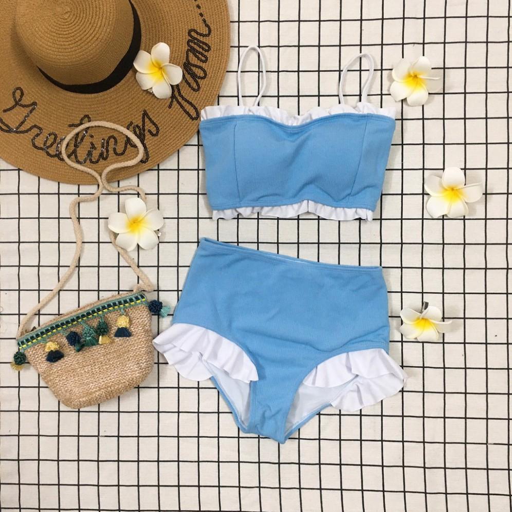 Bikini, đồ bơi 2 mảnh áo ống xanh dễ thương