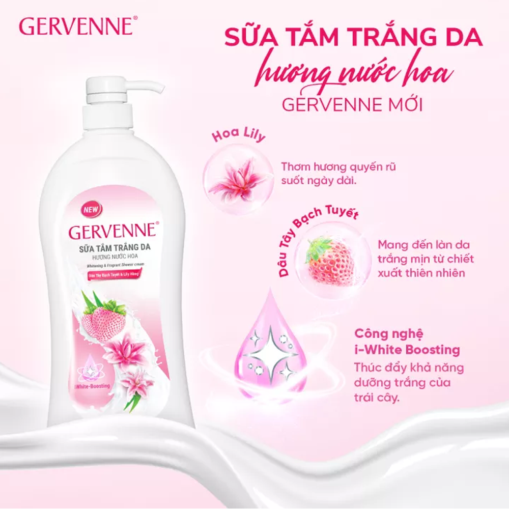 Combo 2 Sữa tắm trắng da hương nước hoa Gervenne Dâu Tây Bạch Tuyết và Lily Hồng 900g/chai