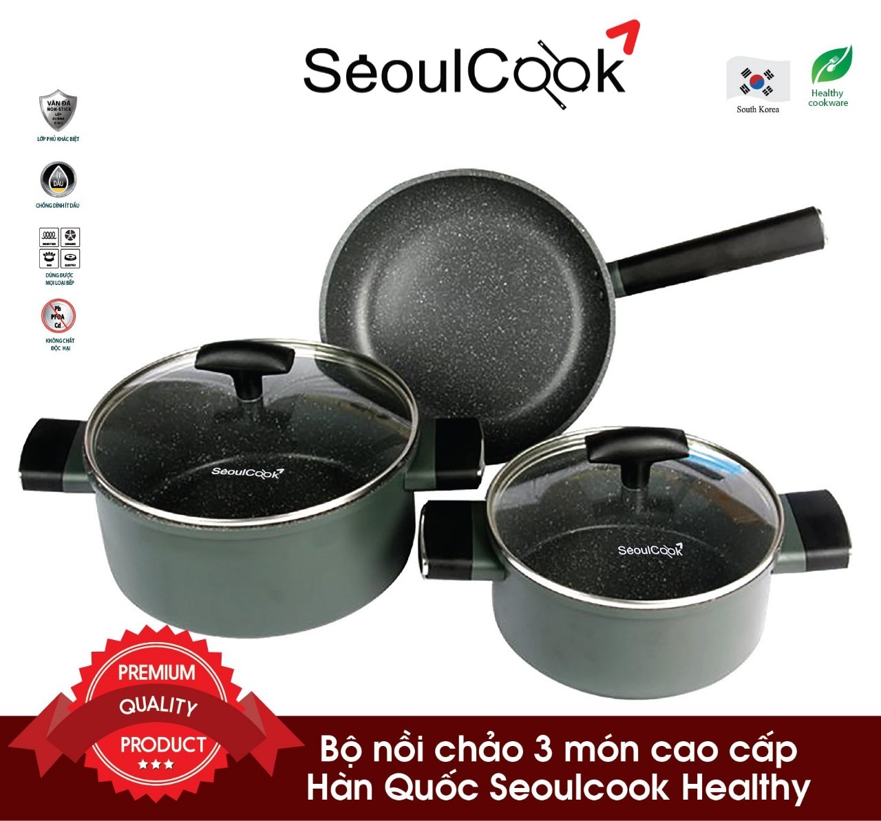 Bộ nồi chảo đáy từ 3 món cao cấp Hàn Quốc Seoulcook Healthy, thiết kế hiện đại, dùng được tất cả các bếp/Induction - Hàng chính hãng