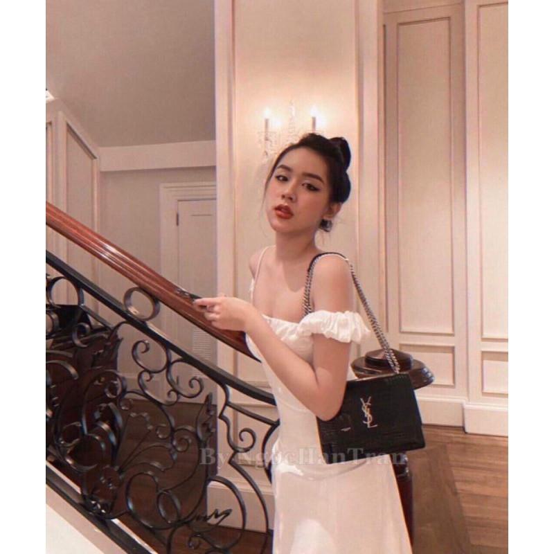 Đầm váy nữ trắng midi xòe 2 dây rớt vai