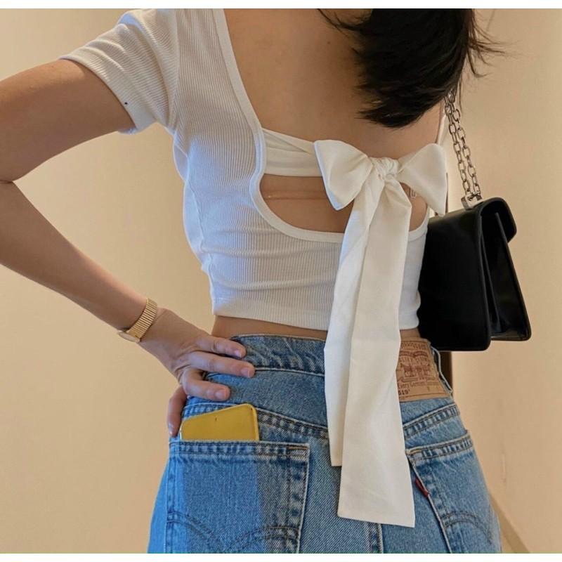 Áo croptop cổ U nơ sau cực xinh sịnÁo croptop hở lưng, khoe lưng tôn dáng