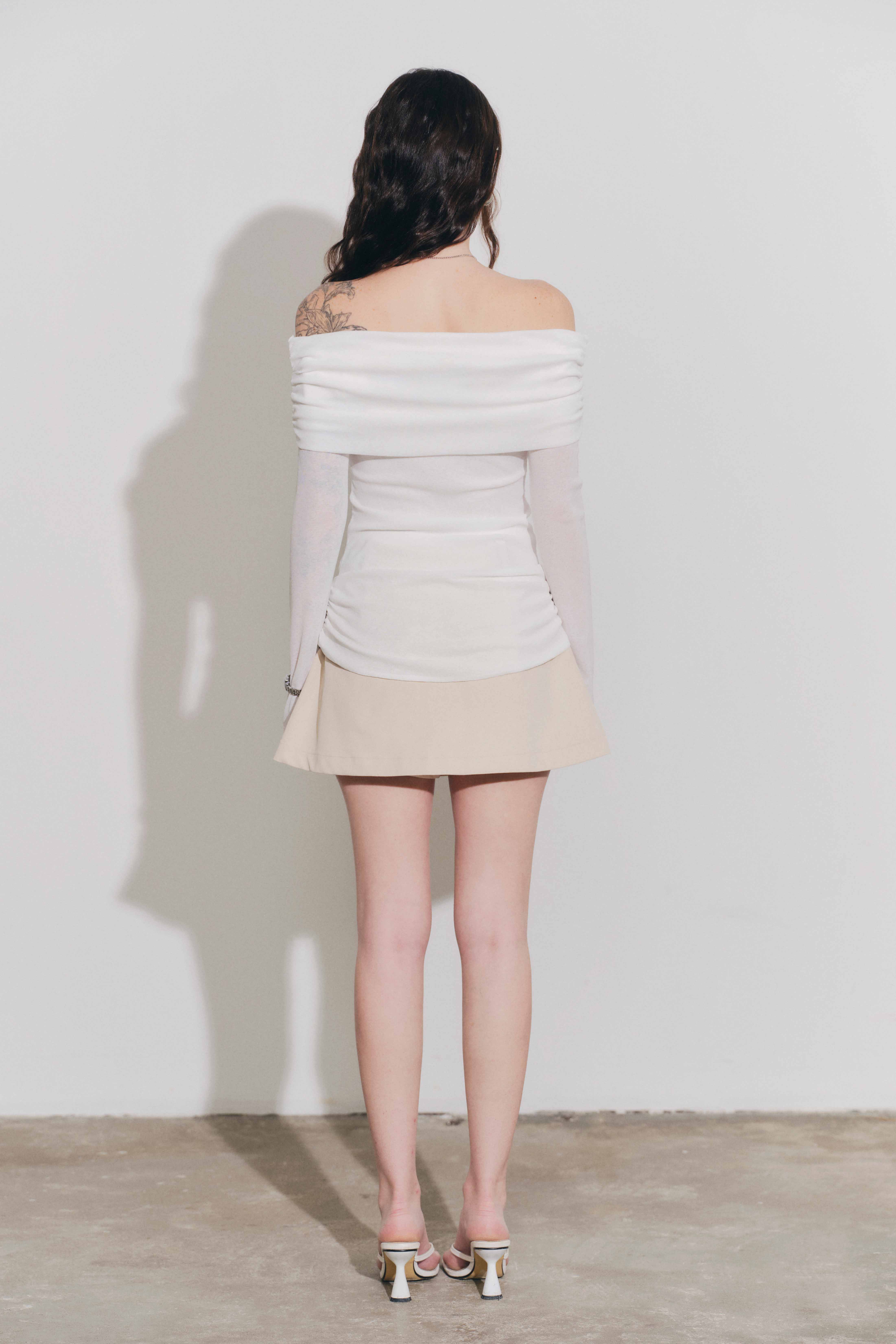 DOTTIE - Váy ngắn xếp ly phối vải - Beige - S0294