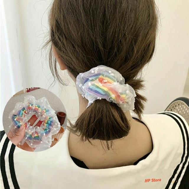 Cột Tóc Cầu Vồng Scrunchies Vải Ren Chấm Bi Phồng To