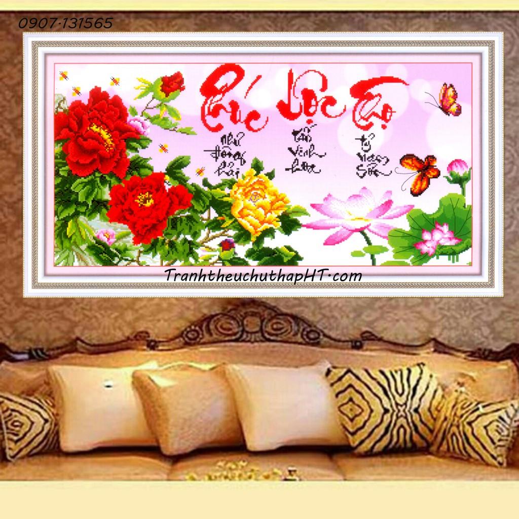 Tranh thêu chữ thập Phúc lộc thọ hoa mẫu đơn 222926 - tự thêu