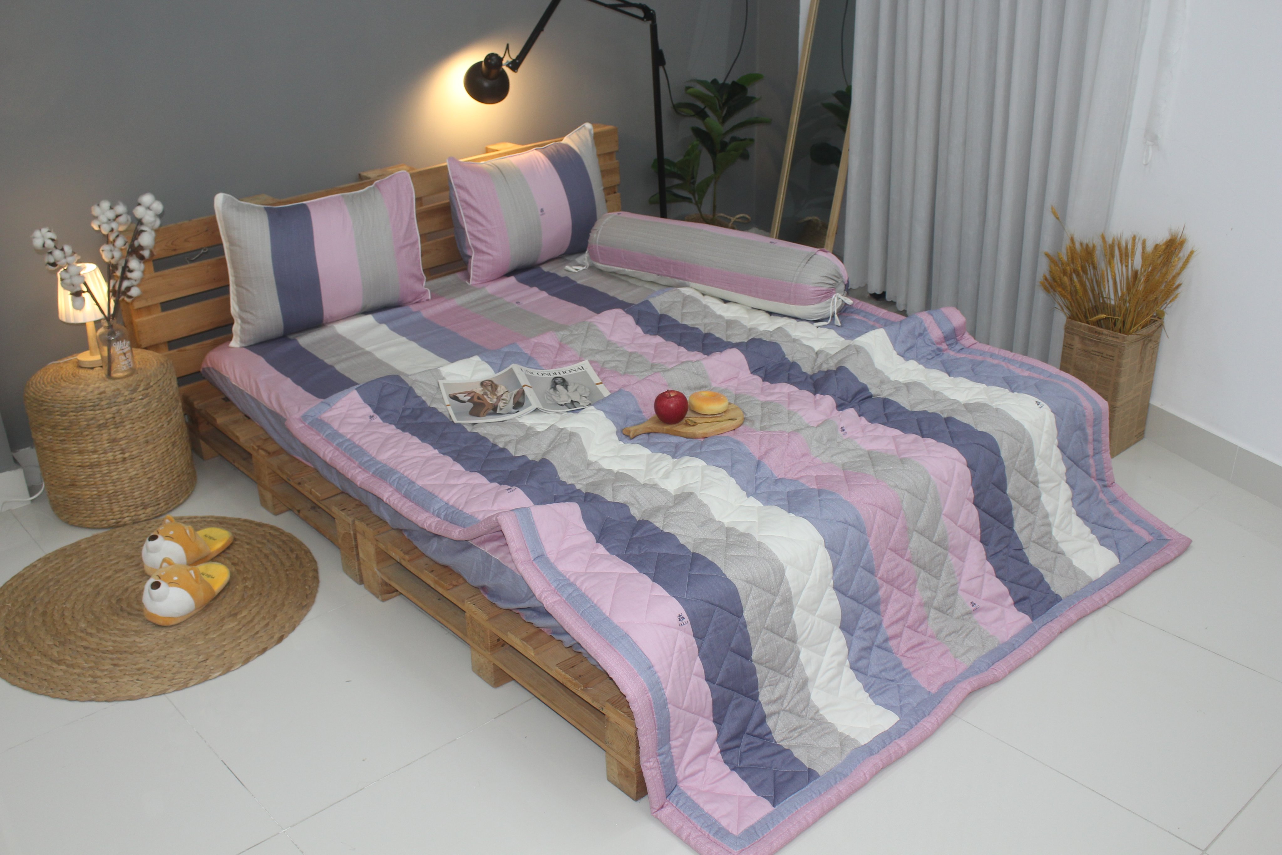 Bộ drap gối KHA LY - 100% cotton thiên nhiên - VN311 Sọc Dài Hồng Vải dày dặn mát mẻ siêu thấm mồ hôi