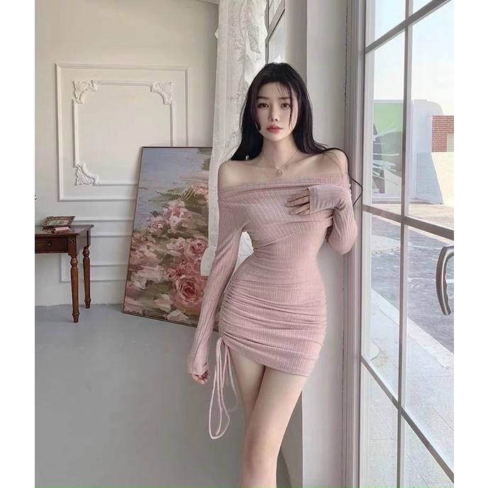 Váy đầm len body bẹt vai rút dây hot hit hàng QC