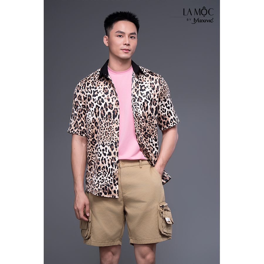 Áo sơ mi beo lụa cát phối cổ đen