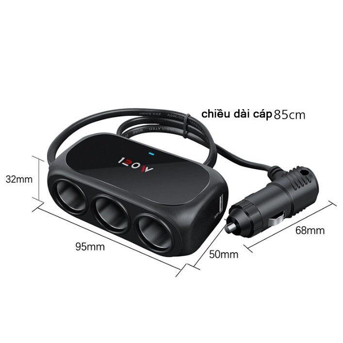 Bộ Chia Cổng Sạc Ôtô đa năng 3 cổng tích hợp 2 USB Cao Cấp WT-D23