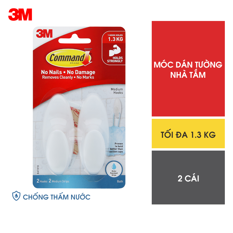 Móc dán tường chống thấm nước Command 3M vỉ 2 cái cỡ vừa chịu lực 1.3kg - Độ bền cao, bám cực chắc, tháo cực dễ BATH18