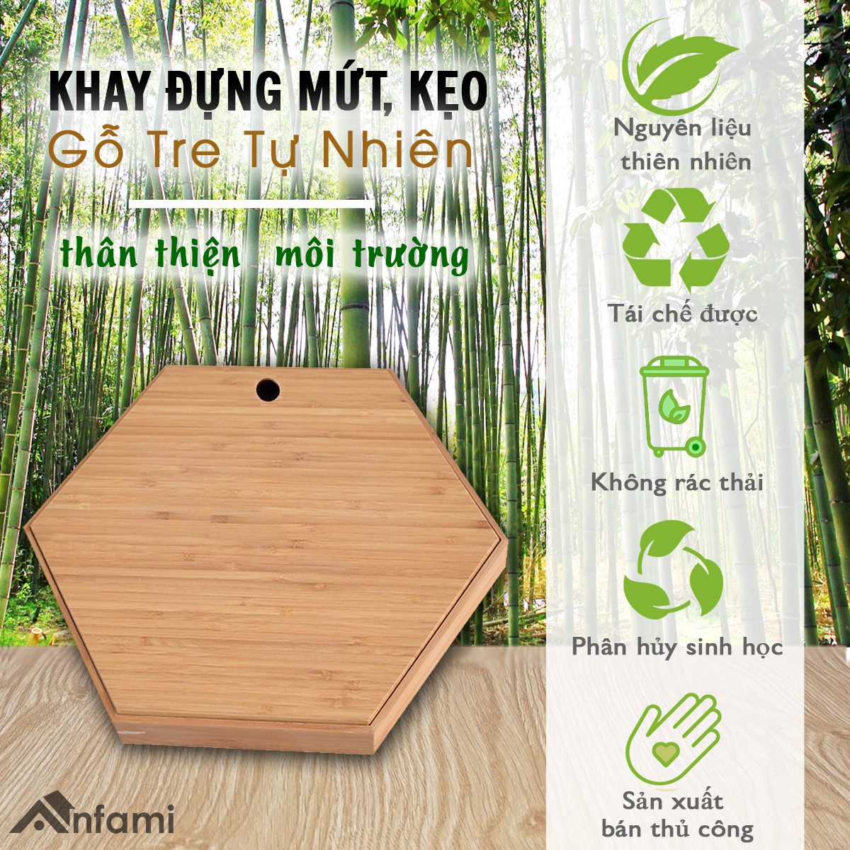 Khay Đựng Mứt Lục Giác, Khay Đựng Bánh Kẹo Tết Bằng Gỗ Tre (AN03), Hộp Đựng Hạt Dưa 6 Ngăn