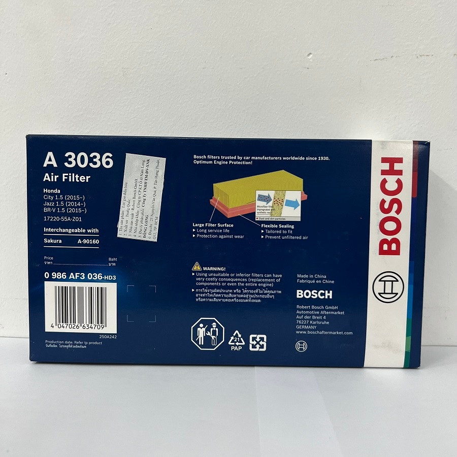 Lọc Gió Động Cơ BOSCH A3036 cho xe HONDA City / Jazz 1.5 ; BR-V 1.5 Made in China