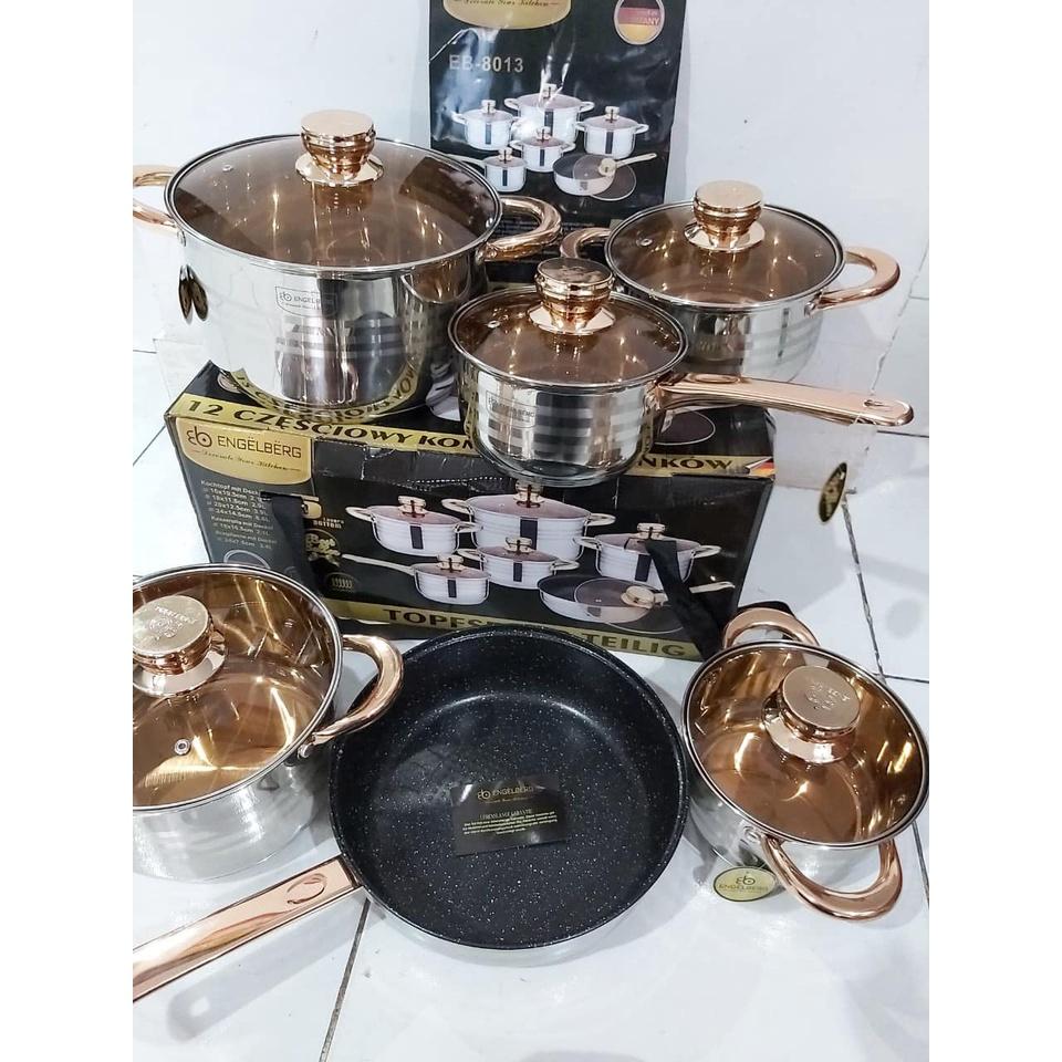 BỘ NỒI ĐỨC 6 MÓN 12 CHI TIẾT - 5 ĐÁY - ĐUN ĐƯỢC TỪ, HỒNG NGOẠI, GAS..