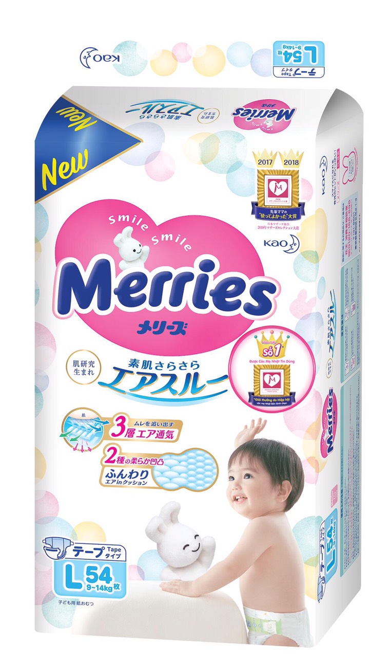 Bộ 3 bỉm dán Merries siêu mịn, siêu thoáng cho bé size L54 (9-14kg) 54 miếng - Nội địa Nhật Bản