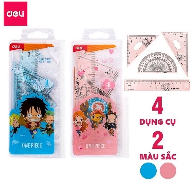Set 2 bộ thước eke học sinh One Piece Deli H17 / Bộ thước Eke Deli 17 có 4 món