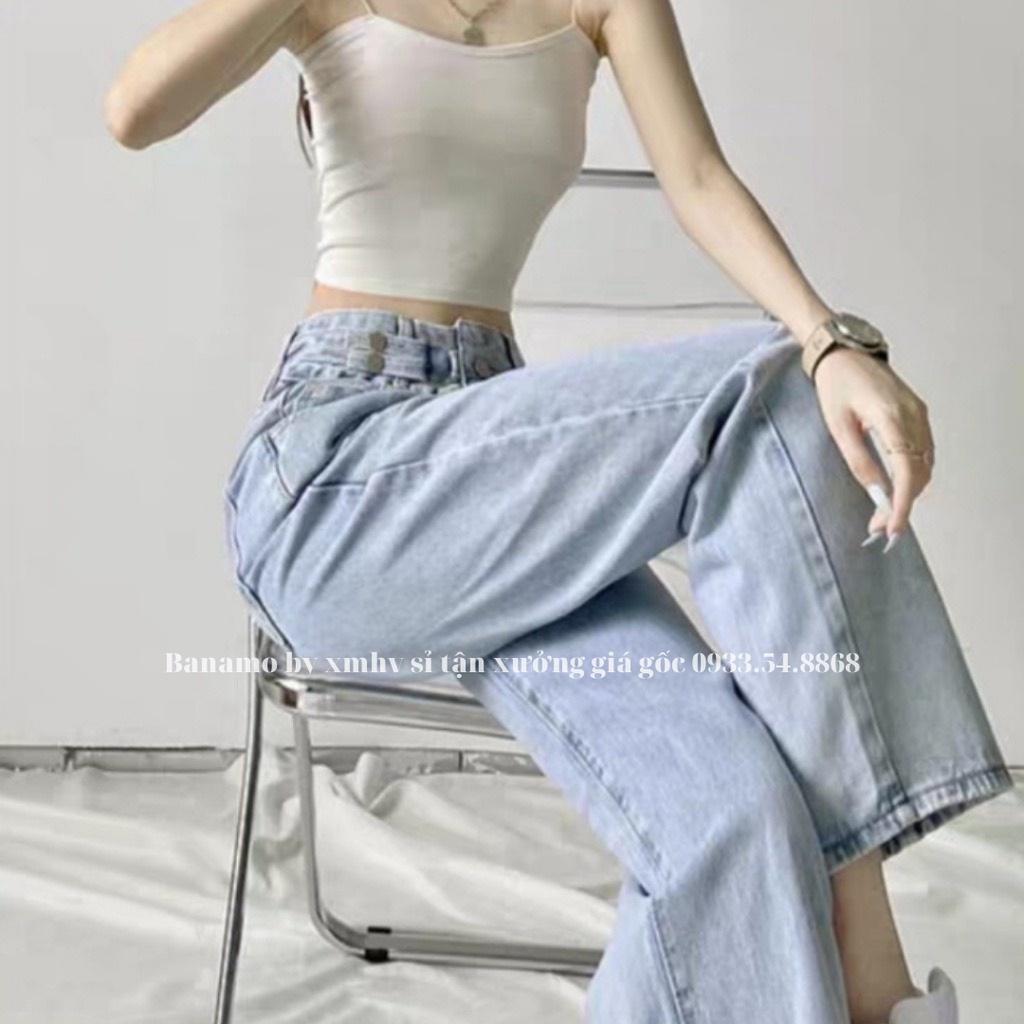 Quần jean nữ ống rộng cạp cao phối móc khóa cực chất thời trang Banamo Fashion jean nữ ống rộng phối kiểu móc khóa 9611