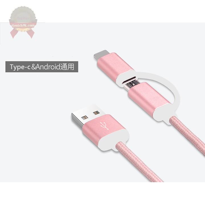 Cáp sạc dây dù 2 đầu dính Micro Usb và TypeC dài 1m2 chống đứt cho điện thoại Samsung Vivo Oppo