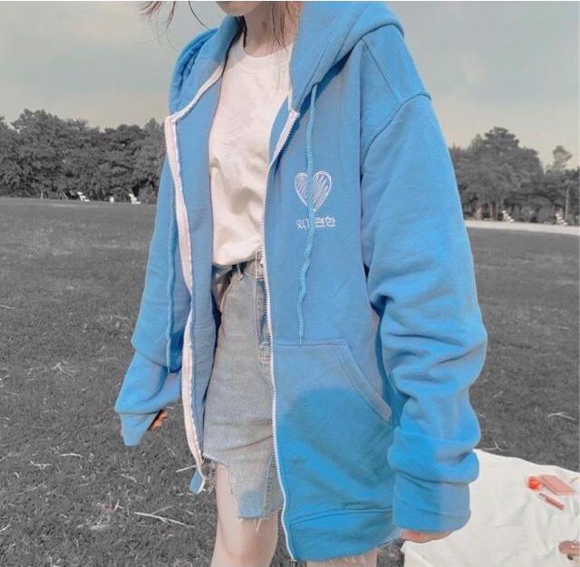 Áo khoác hoodie Heart Unisex Saranghae hình trái tim thêu chất nỉ bông dây kéo form rộng