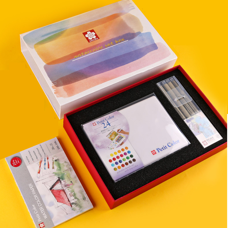Màu nước nén Sakura Petit hộp 24 màu bản giới hạn đặc biệt kèm cọ vẽ water brush, pallete, giấy vẽ 20 tờ, set bút line viền XSDK 4P
