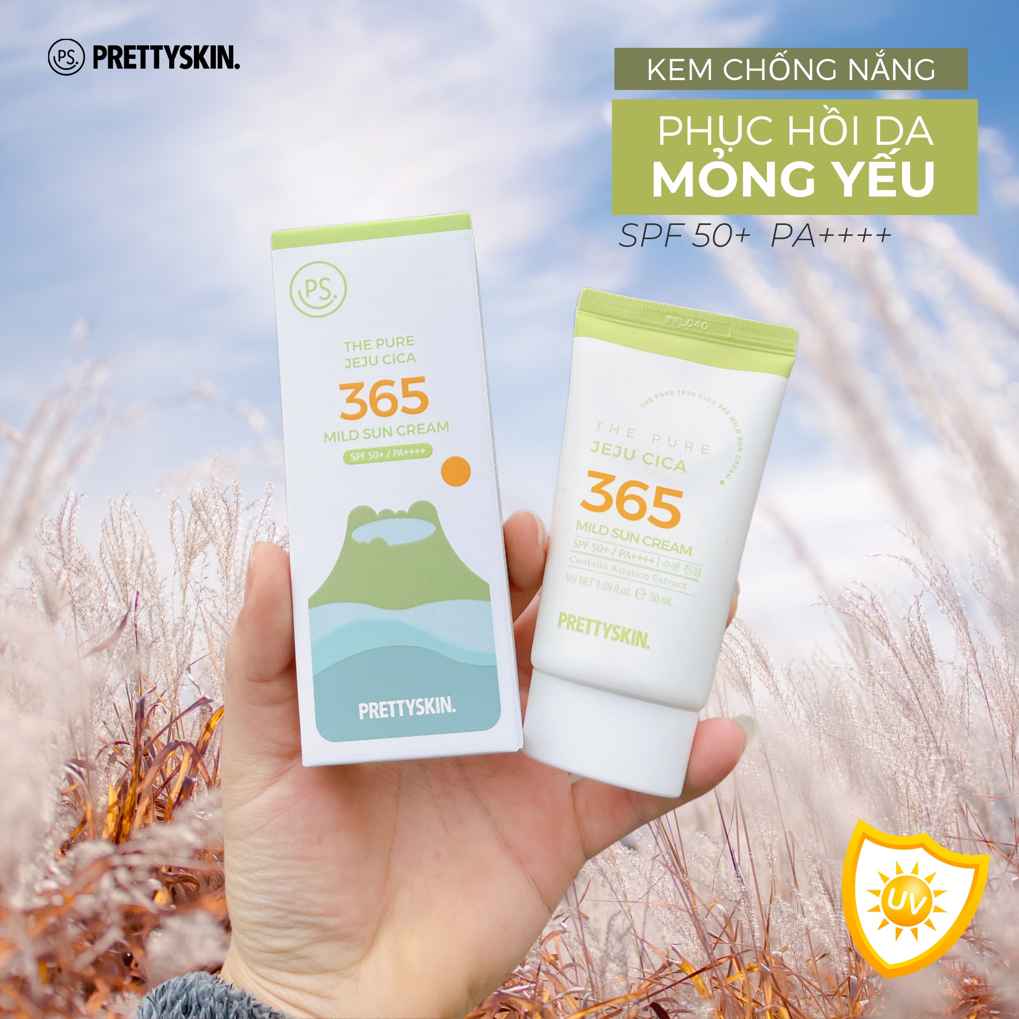 Kem chống nắng nâng tông, kháng nước 365 Pretty Skin The Pure Jeju Cica 365 Mild Sun Cream