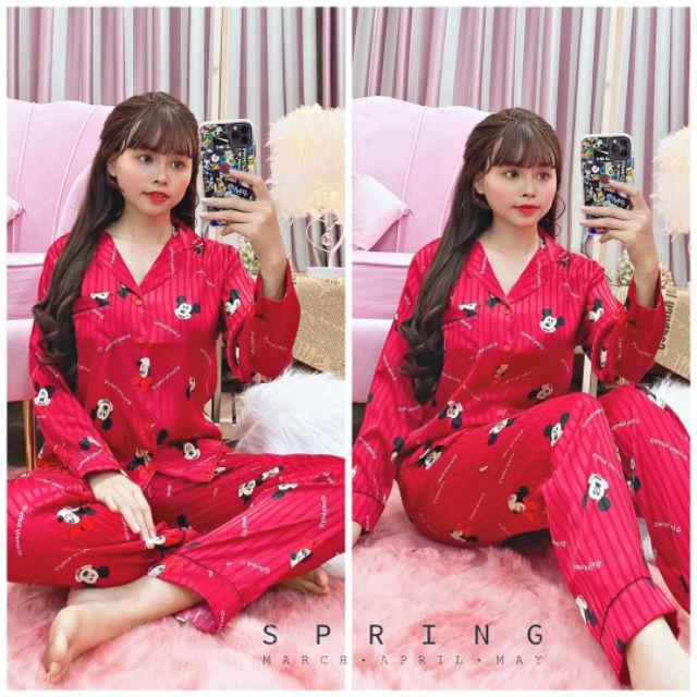 BỘ PIJAMA MẶC NHÀ HOẠ TIẾT CHUỘT HOẠT HÌNH LỤA GẤM DÀI TAY CAO CẤP