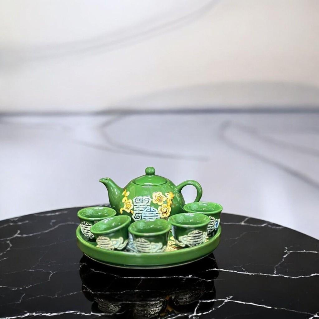 Bộ sứ men xanh lá Rồng Việt -Gốm Bát Tràng, tinh xảo và sang trọng với họa tiết Rồng Phượng đắp nổi