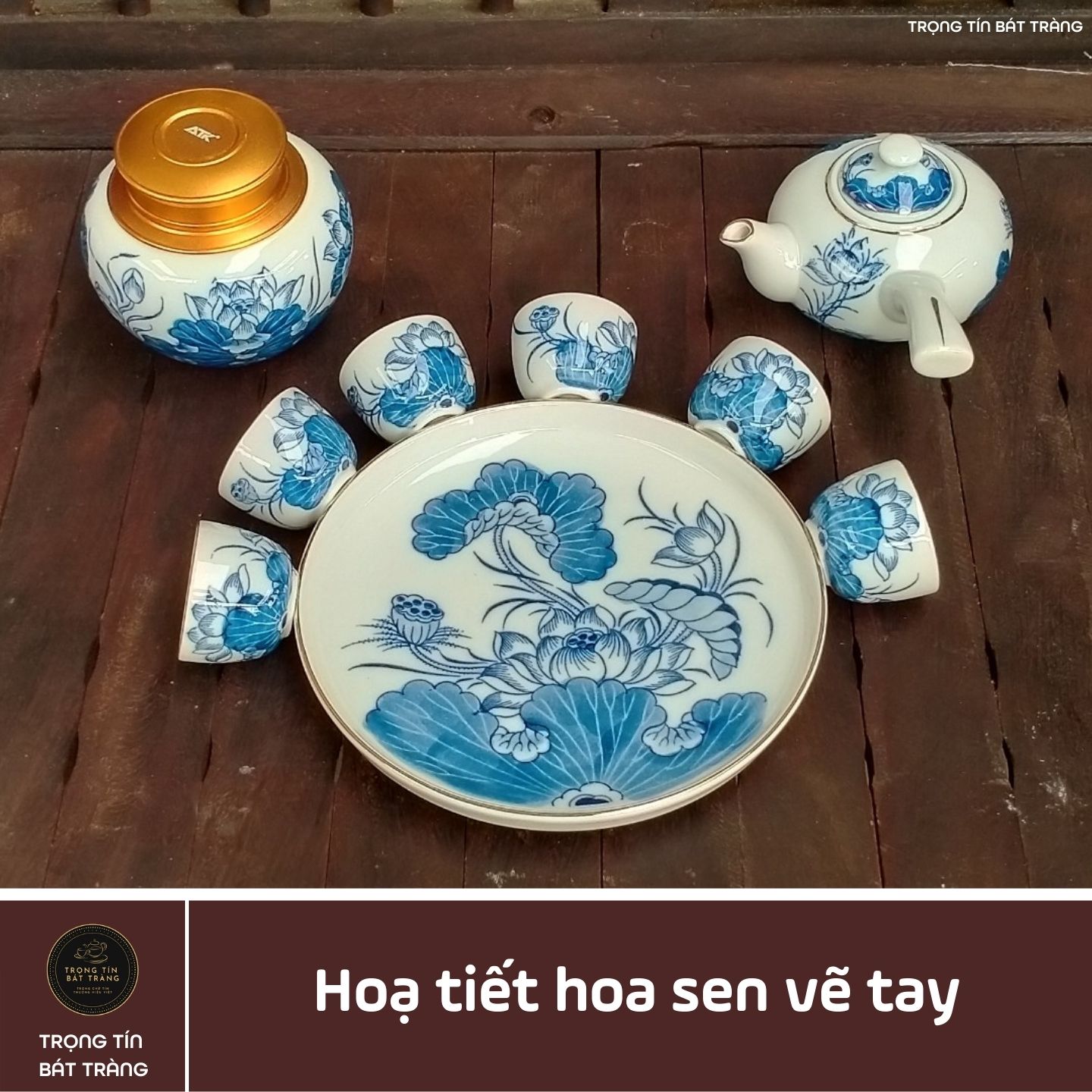 Bộ Ấm Chén Trà Đạo Gốm Trắng Men Lam Bát Tràng Hoa Sen Vẽ Vàng Dáng Đường Vũ Dung Tích 320ml ATA 26