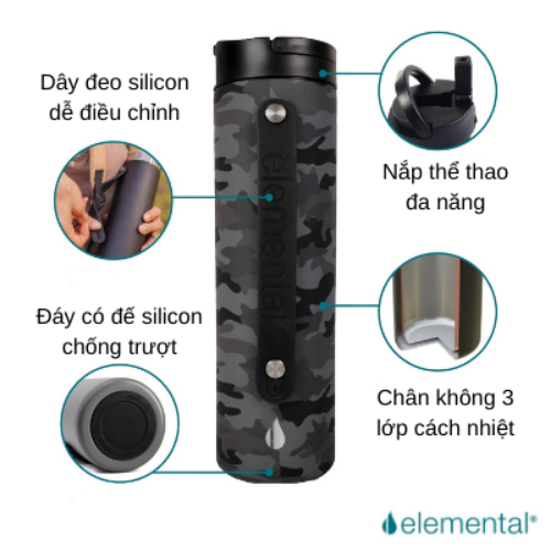 Bình giữ nhiệt Elemental Iconic sport màu đen camo 590ml, giữ nhiệt vượt trội, inox 304, FDA Hoa Kì, An toàn sức khỏe