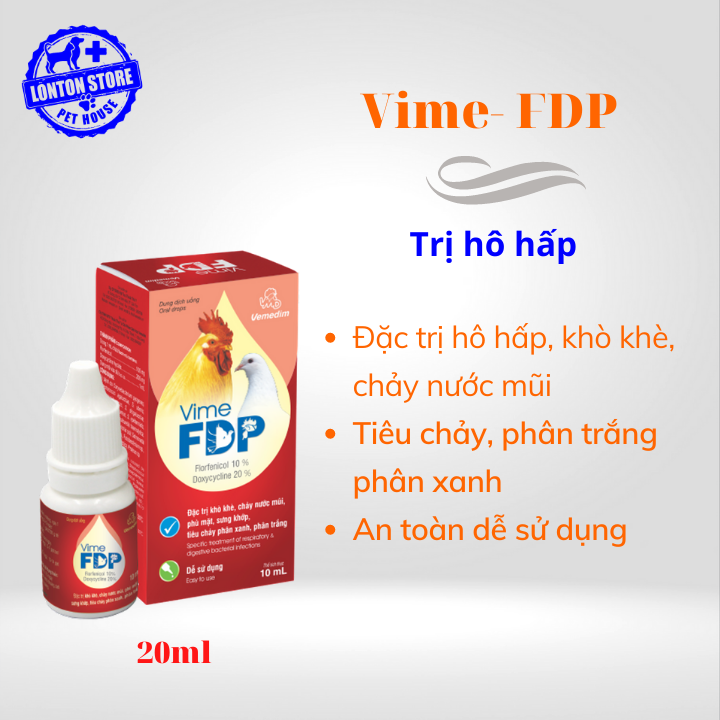 Vime FDP -Trị hô hấp, tiêu chảy, vết thương cho gà đá,vịt, bồ câu, chim cảnh, 20ml/ chai