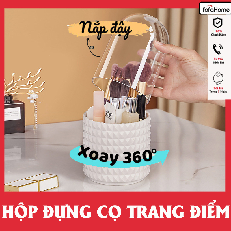 Hộp Đựng Cọ Trang Điểm Xoay 360 Độ Có Nắp Đậy Chống Bụi Thiết Kế Sang Trọng