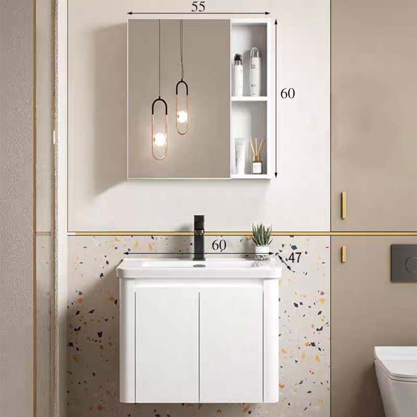 Bộ tủ lavabo treo tường bằng nhôm, màu trắng có đèn led sang trọng