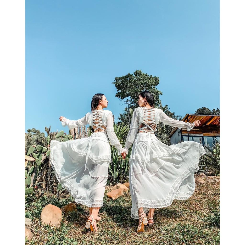 Đầm maxi đi biển trắng phối ren đan lưngđi chơi đi tiệc đám cưới, du lịch sang chảnh cao cấp PVC