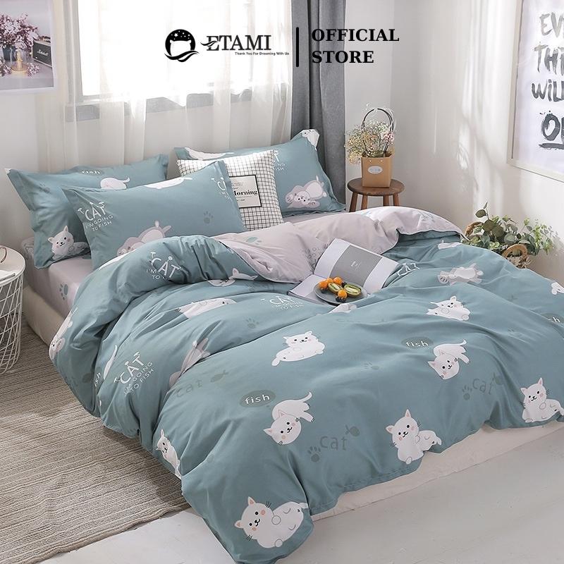 Bộ chăn ga gối đệm cao cấp cotton poly mèo lười cute miễn phí bo chun drap giường , ga trải giường P15