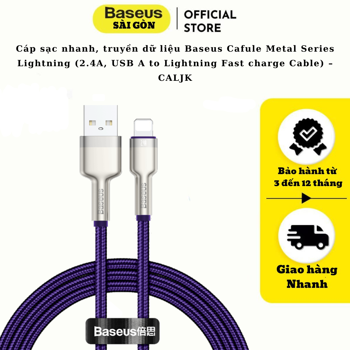 Cáp sạc nhanh, truyền dữ liệu Baseus Cafule Metal Series Light-ning dùng cho i-Phone/ iPad (2.4A, USB A to Light-ning Fast charge Cable) – CALJK- Hàng chính hãng