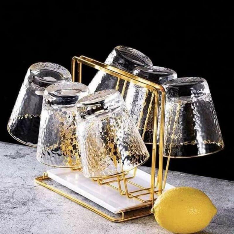 Úp cốc chữ nhật kèm khay, giá úp cốc inox 304 mạ vàng cao cấp không hoen gỉ
