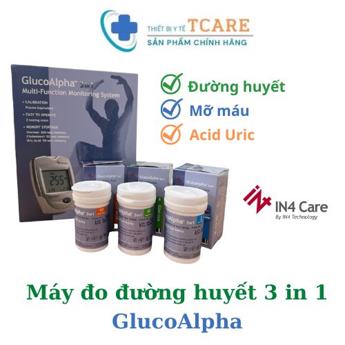 Máy đo đường huyết, mỡ máu, axit uric trong máu 3 trong 1 GlucoAlpha - IN4 Technology - Đủ bộ 3 que thử đường huyết, cholesterol, acid uric