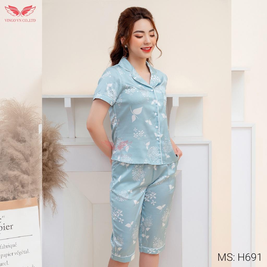 Đồ bộ nữ mặc nhà Pijama lụa Pháp VINGO tay ngắn quần lửng mặc màu Hè họa tiết chùm hoa màu xanh nhạ thanh lịch H691 VNGO