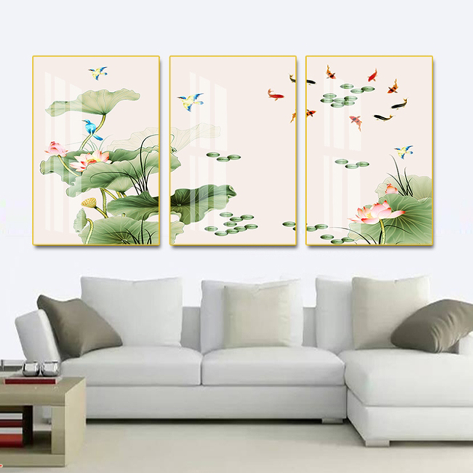 Tranh In Sắc Nét Không Phai Màu, Khung Composite Cao Cấp - Tranh Bộ 3 Cá Chép Bơi Lội Bên Hoa Sen