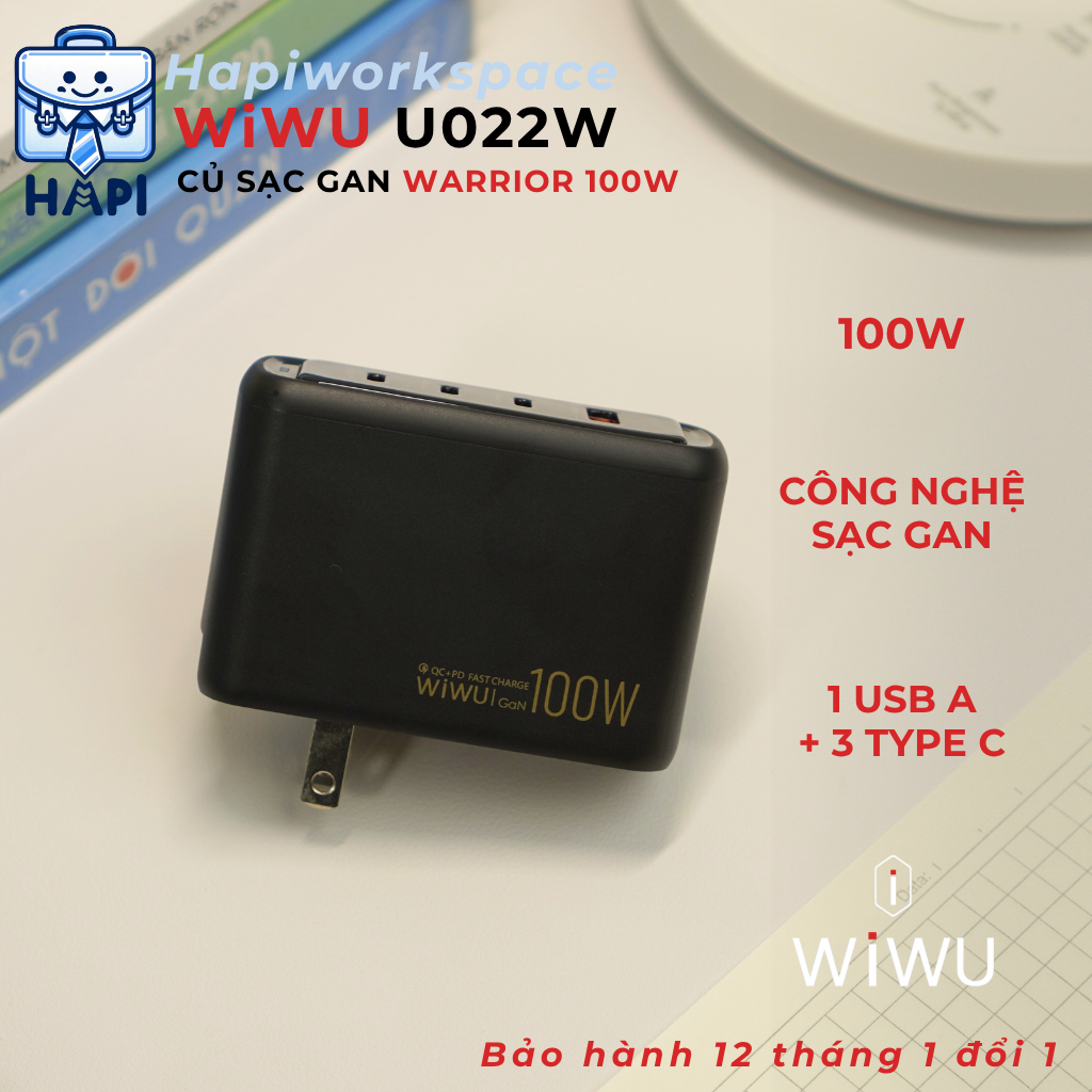 Củ sạc hàng chính hãng WiWU Warrior GaN 100W (3C1A) Wi-U022W: Sạc nhanh laptop, điện thoại, kèm đầu chuyển đa quốc gia
